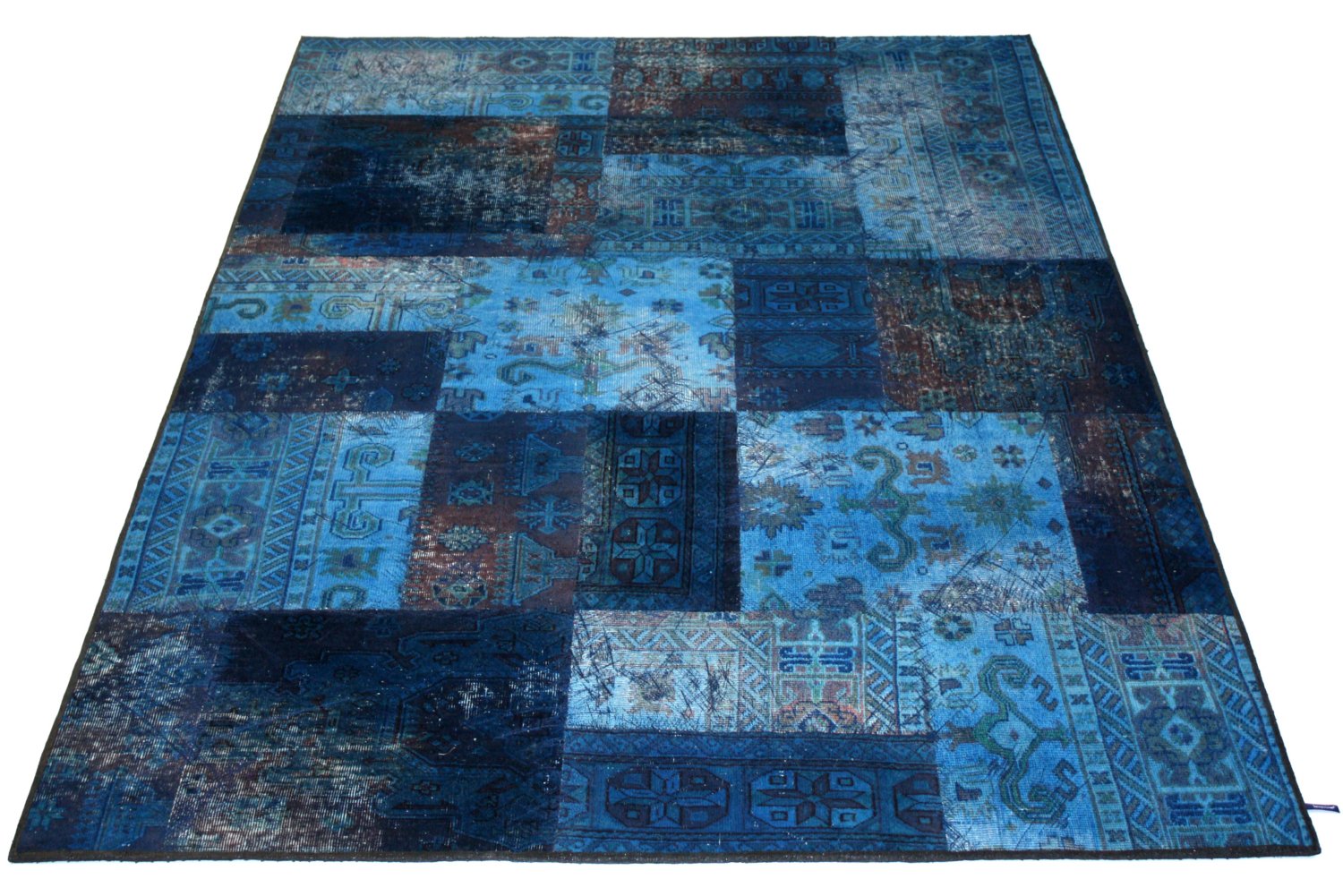 blue handmade patchwork carpet german design and manufacturing