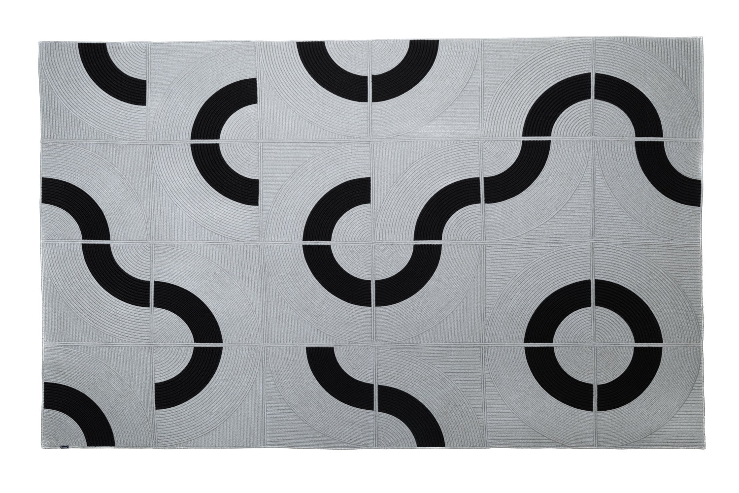grey outdoor rug with black circle design customisable and washable