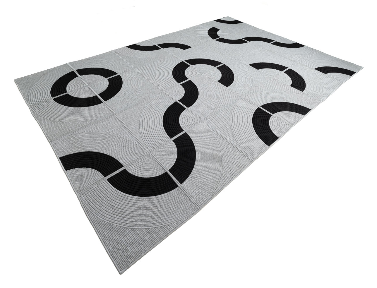 light grey outdoor rug washable with customisable black circle design