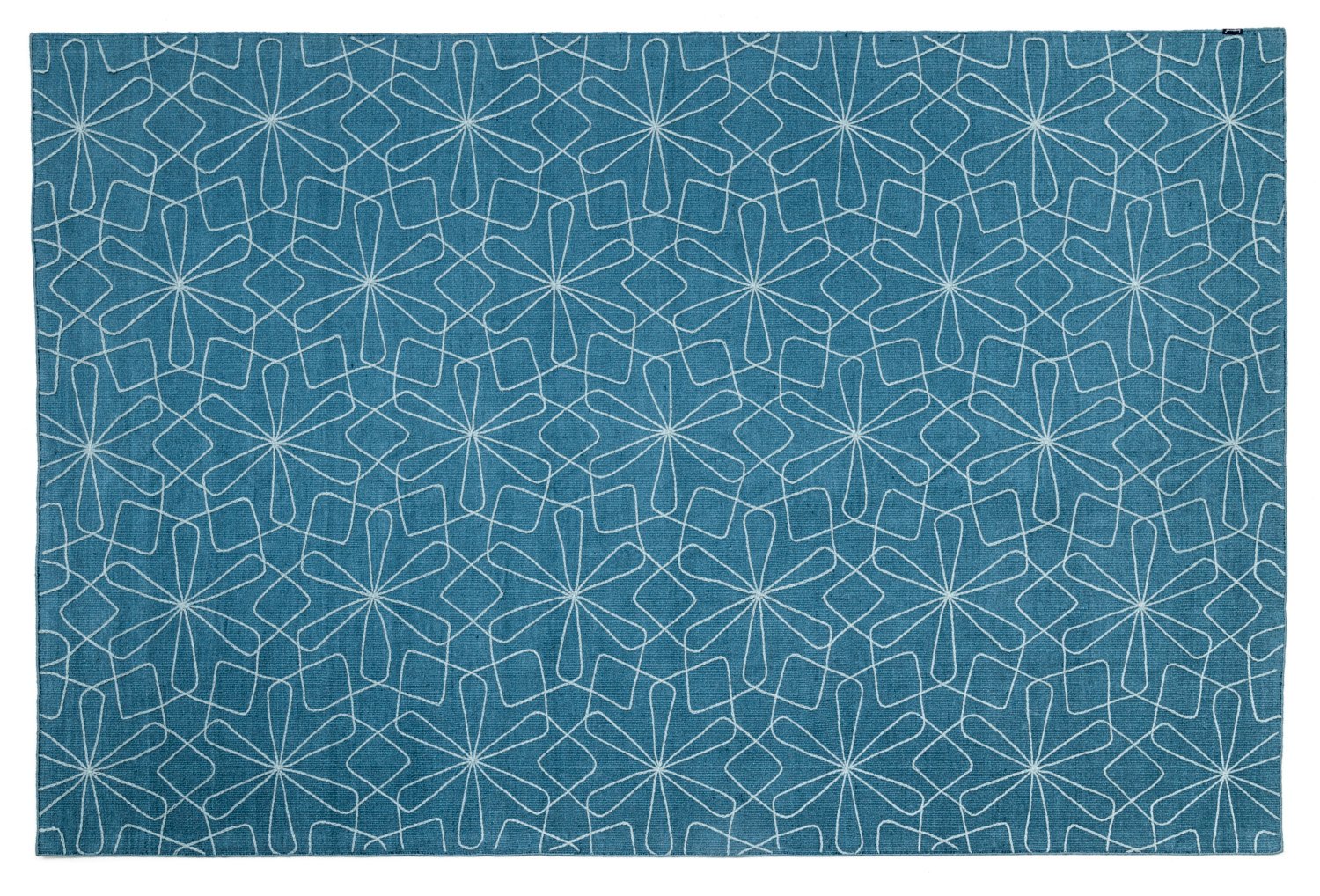 modern blue kilim rug with white flower pattern handstitched