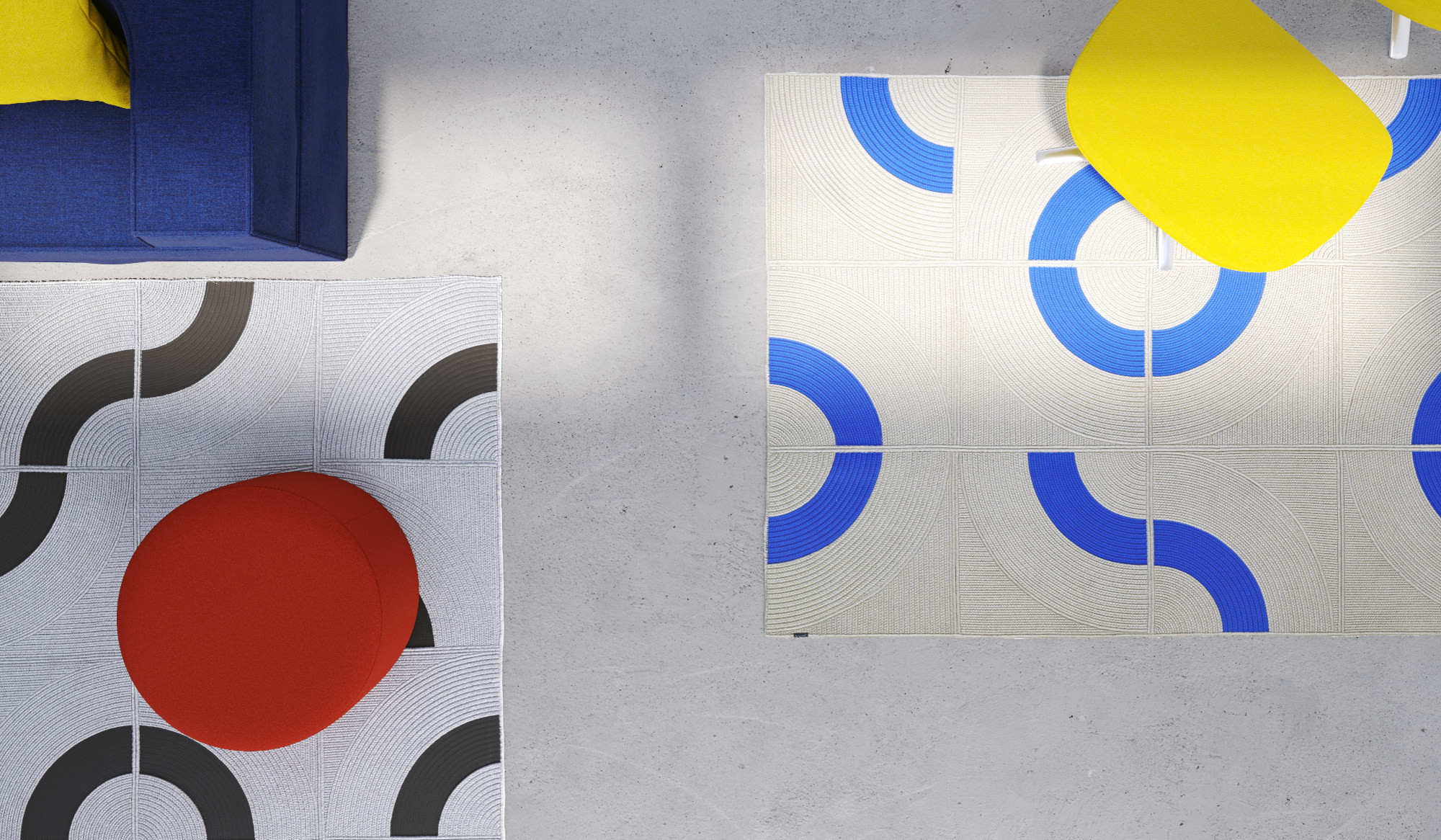 individualisierbarer waschbarer Teppich outdoorgeeignet zweifarbig mit Kreisvierteldesign