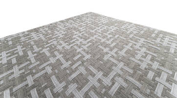 Light outdoor rug with woven flexible belt pattern.